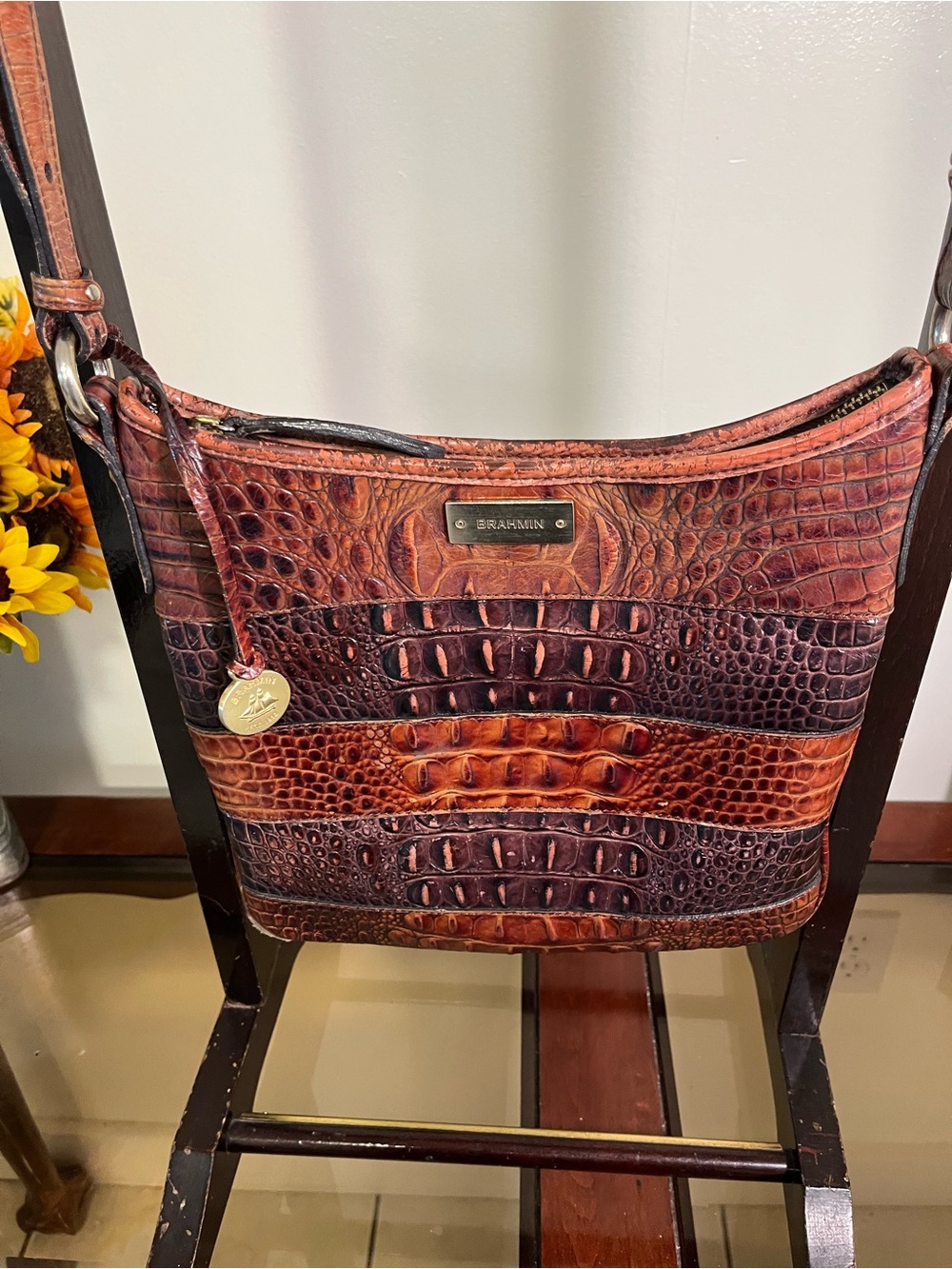 Brahmin Croc Embossed Leather Shoulder/Crossbody Bag Brown Multi - Picture 4 of 13
